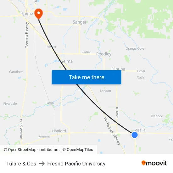Tulare & Cos to Fresno Pacific University map