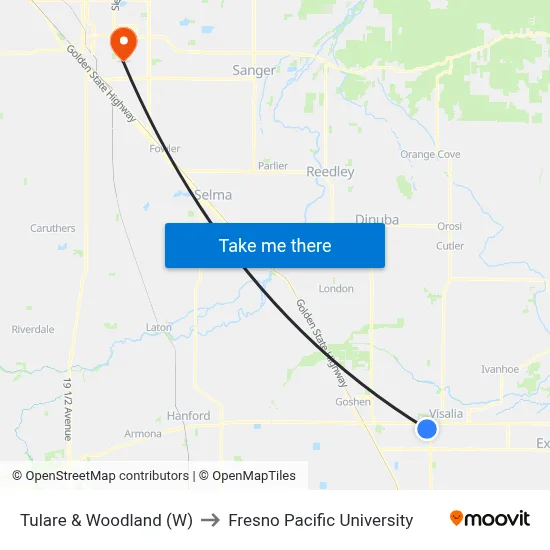 Tulare & Woodland (W) to Fresno Pacific University map