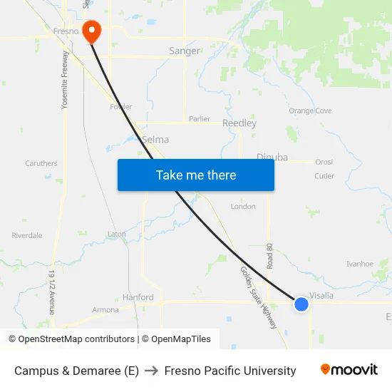 Campus & Demaree (E) to Fresno Pacific University map
