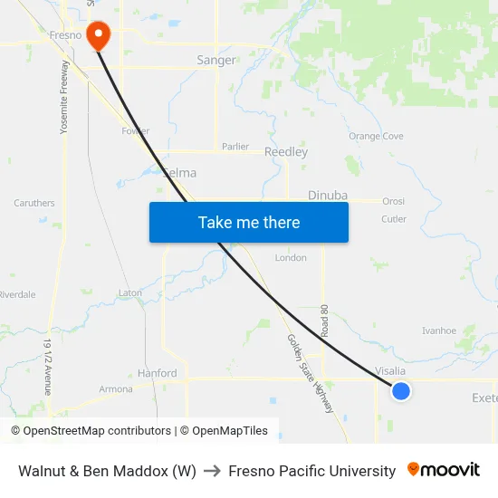Walnut & Ben Maddox (W) to Fresno Pacific University map