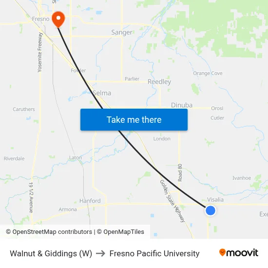 Walnut & Giddings (W) to Fresno Pacific University map