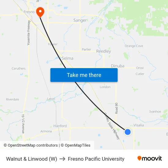 Walnut & Linwood (W) to Fresno Pacific University map