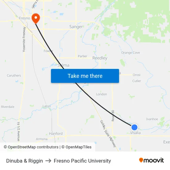 Dinuba & Riggin to Fresno Pacific University map