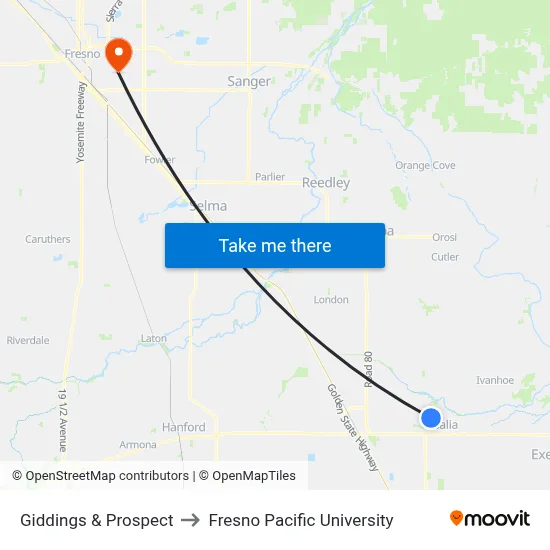 Giddings & Prospect to Fresno Pacific University map