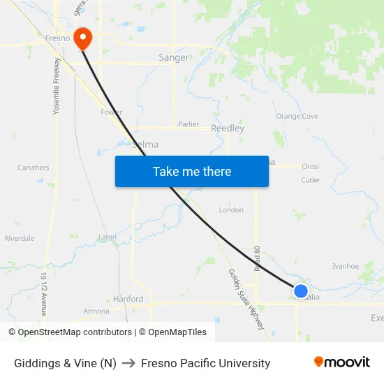 Giddings & Vine (N) to Fresno Pacific University map