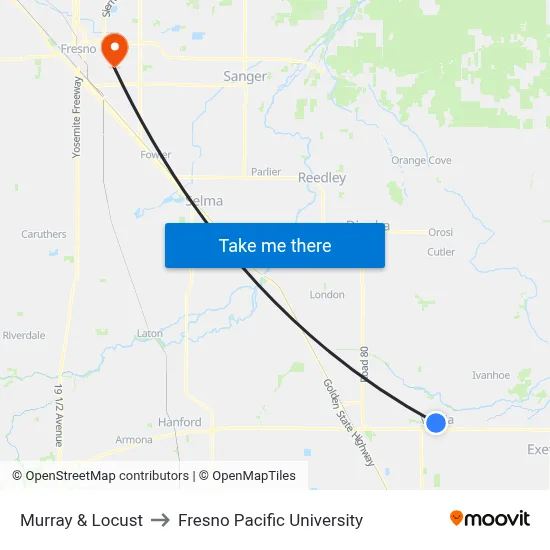 Murray & Locust to Fresno Pacific University map
