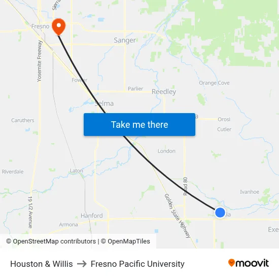 Houston & Willis to Fresno Pacific University map