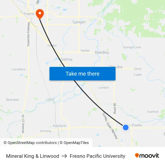 Mineral King & Linwood to Fresno Pacific University map