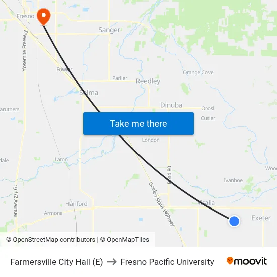 Farmersville City Hall (E) to Fresno Pacific University map