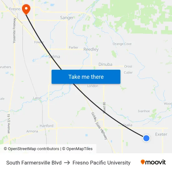 South Farmersville Blvd to Fresno Pacific University map