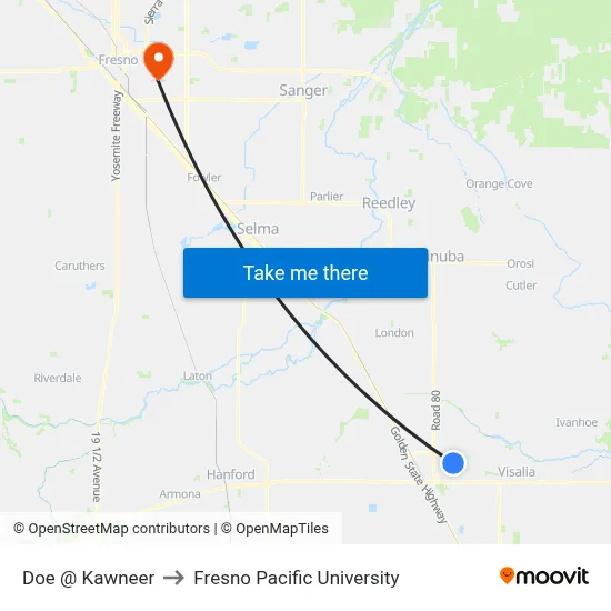 Doe @ Kawneer to Fresno Pacific University map