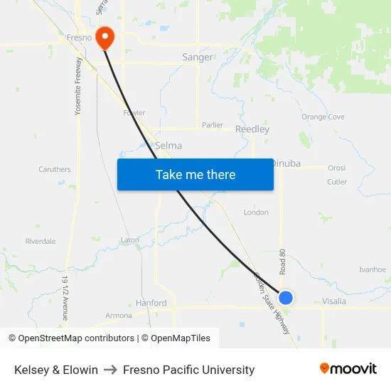 Kelsey & Elowin to Fresno Pacific University map