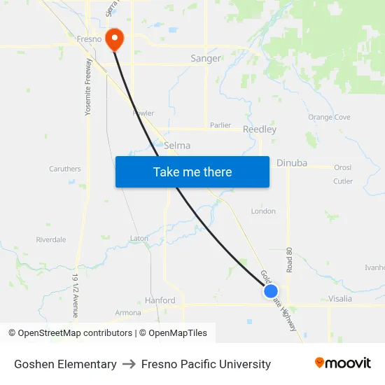 Goshen Elementary to Fresno Pacific University map