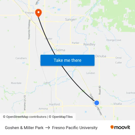 Goshen & Miller Park to Fresno Pacific University map