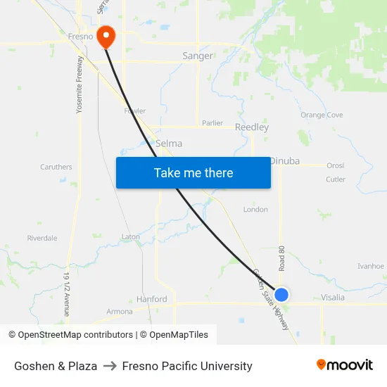 Goshen & Plaza to Fresno Pacific University map