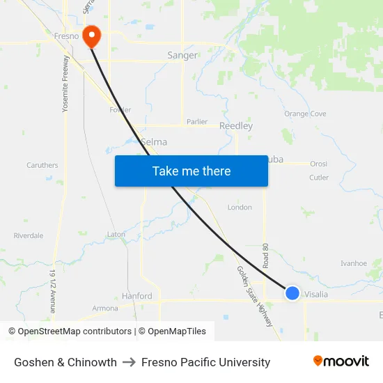 Goshen & Chinowth to Fresno Pacific University map