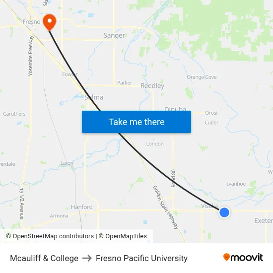 Mcauliff & College to Fresno Pacific University map