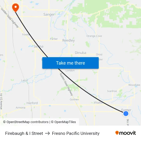Firebaugh & I Street to Fresno Pacific University map