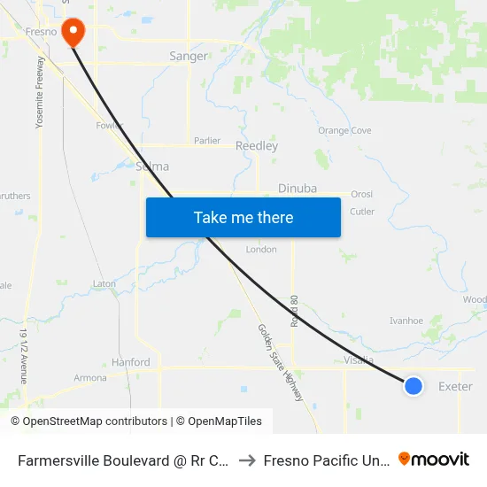 Farmersville Boulevard @ Rr Crossing (N) to Fresno Pacific University map
