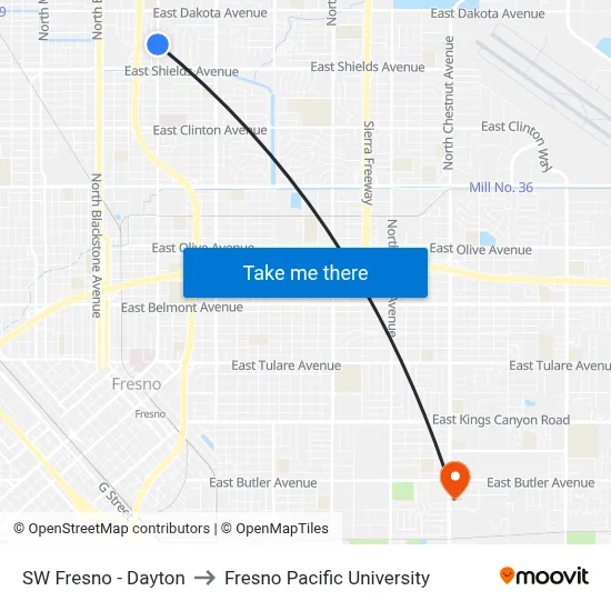 SW Fresno - Dayton to Fresno Pacific University map