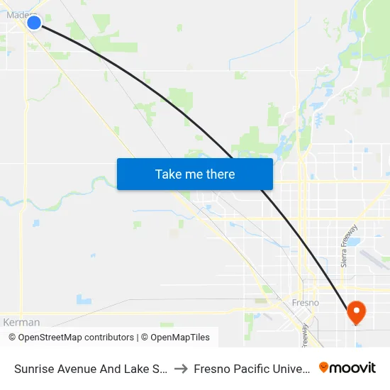Sunrise Avenue And Lake Street to Fresno Pacific University map