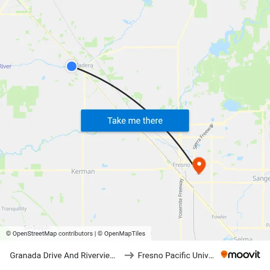 Granada Drive And Riverview Drive to Fresno Pacific University map