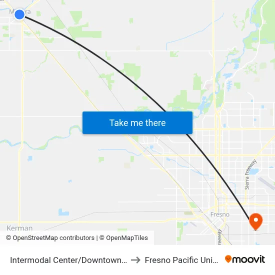 Intermodal Center/Downtown Madera to Fresno Pacific University map