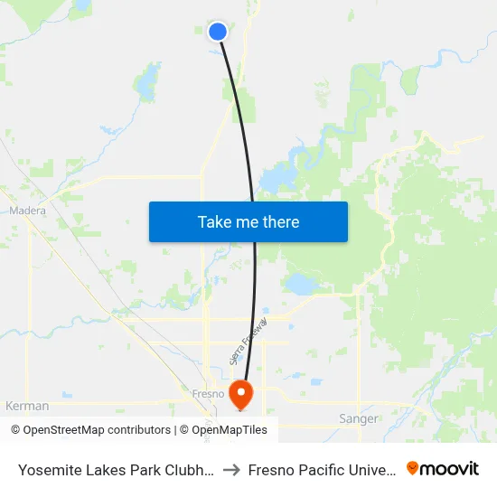 Yosemite Lakes Park Clubhouse to Fresno Pacific University map