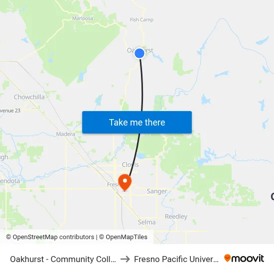 Oakhurst - Community College to Fresno Pacific University map
