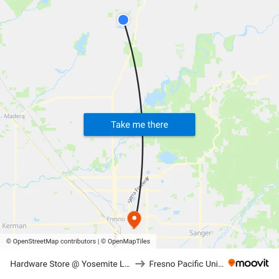 Hardware Store @ Yosemite Lakes Park to Fresno Pacific University map