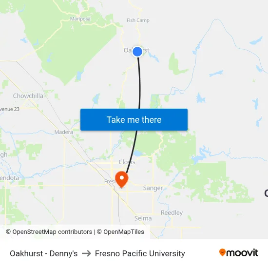 Oakhurst - Denny's to Fresno Pacific University map