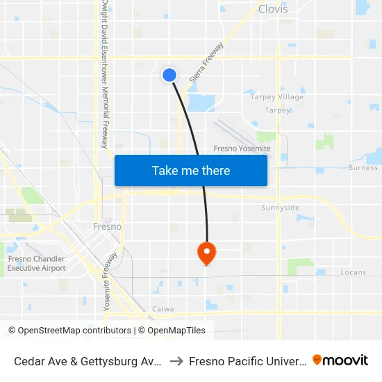 Cedar Ave & Gettysburg Ave Nb to Fresno Pacific University map