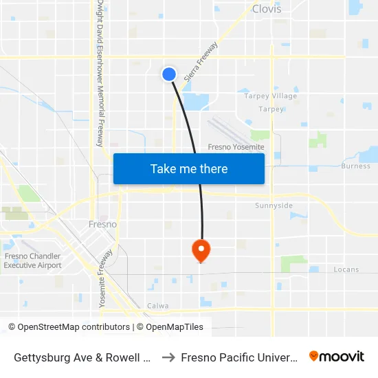 Gettysburg Ave & Rowell Ave to Fresno Pacific University map