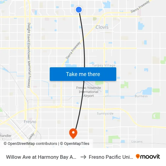 Willow Ave at Harmony Bay Apartments to Fresno Pacific University map