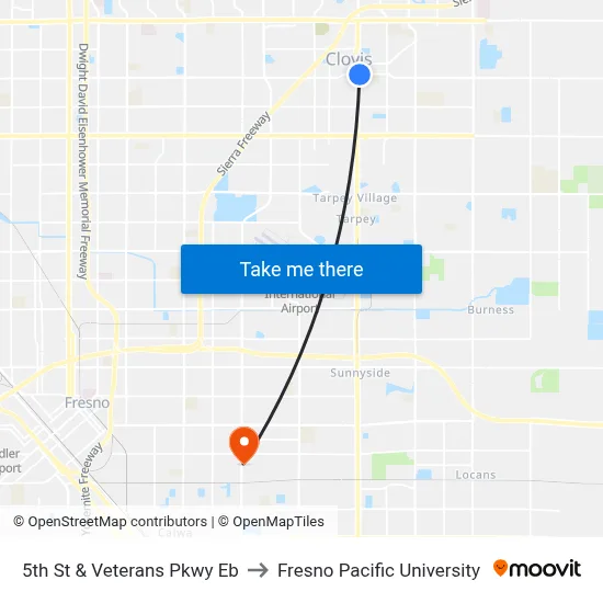 5th St & Veterans Pkwy Eb to Fresno Pacific University map