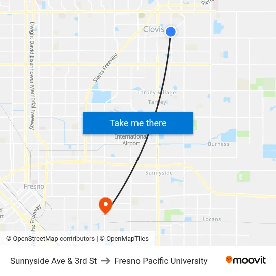 Sunnyside Ave & 3rd St to Fresno Pacific University map