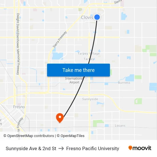 Sunnyside Ave & 2nd St to Fresno Pacific University map