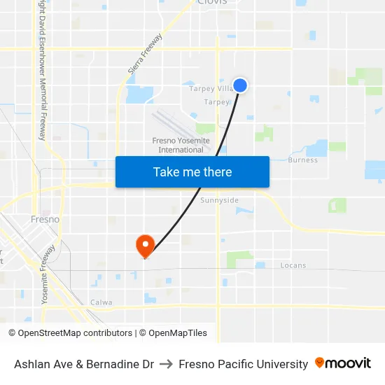 Ashlan Ave & Bernadine Dr to Fresno Pacific University map