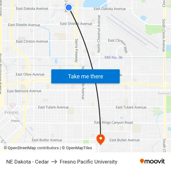 NE Dakota - Cedar to Fresno Pacific University map