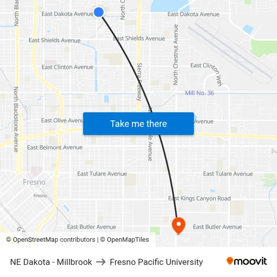 NE Dakota - Millbrook to Fresno Pacific University map