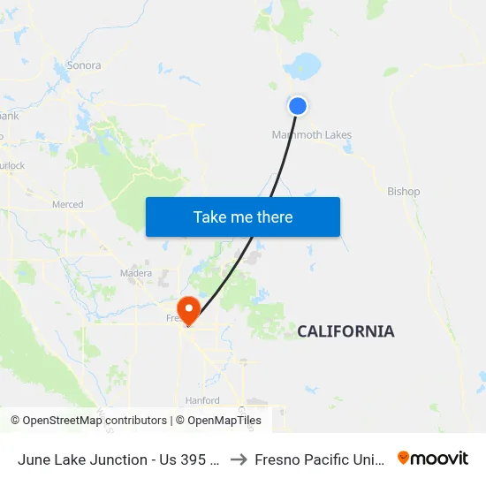 June Lake Junction - Us 395 & Sr 158 to Fresno Pacific University map