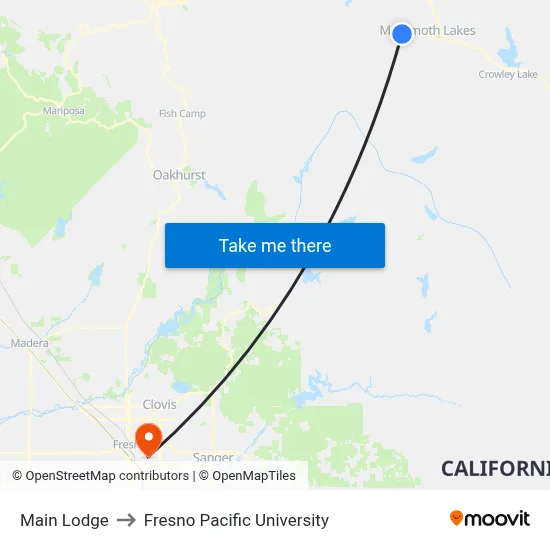 Main Lodge to Fresno Pacific University map