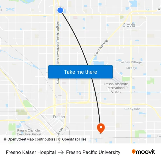 Fresno Kaiser Hospital to Fresno Pacific University map