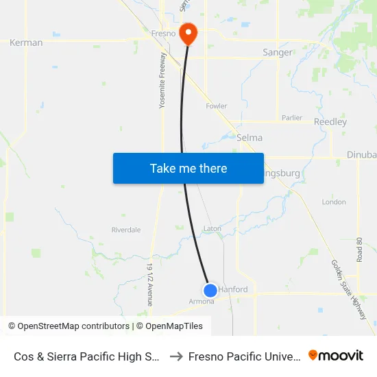 Cos & Sierra Pacific High School to Fresno Pacific University map