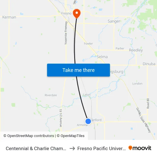 Centennial & Charlie Chambers to Fresno Pacific University map