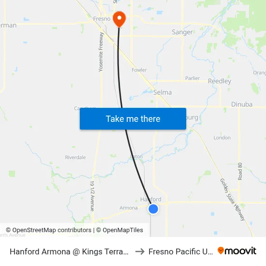 Hanford Armona @ Kings Terrace Apartments to Fresno Pacific University map
