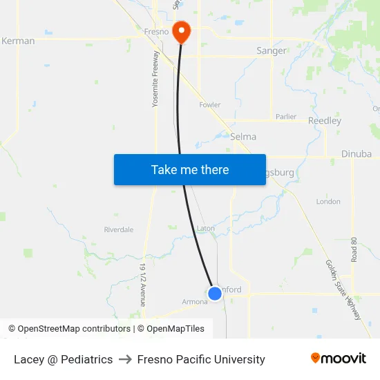 Lacey @ Pediatrics to Fresno Pacific University map