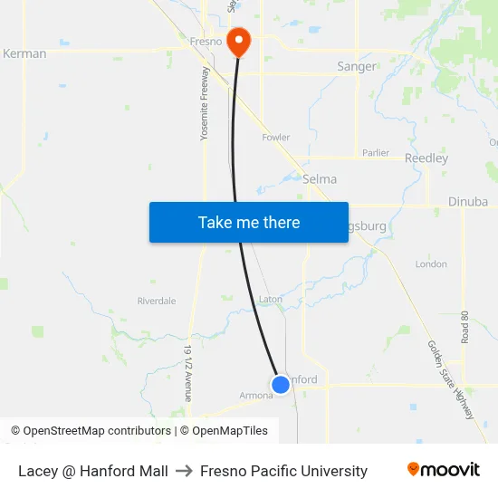 Lacey @ Hanford Mall to Fresno Pacific University map