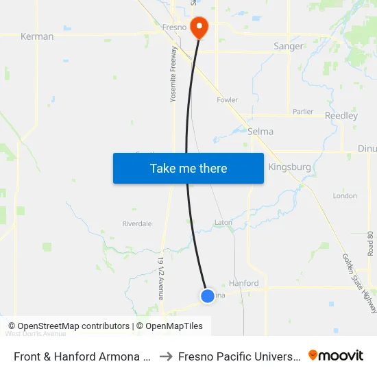 Front & Hanford Armona Rd to Fresno Pacific University map
