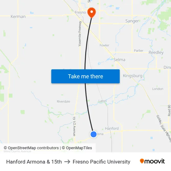 Hanford Armona & 15th to Fresno Pacific University map